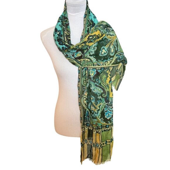 Chicos Peacock Paisley Print Scarf Oblong Eyelash Fringe Summer Spring Turquoise - Picture 6 of 14